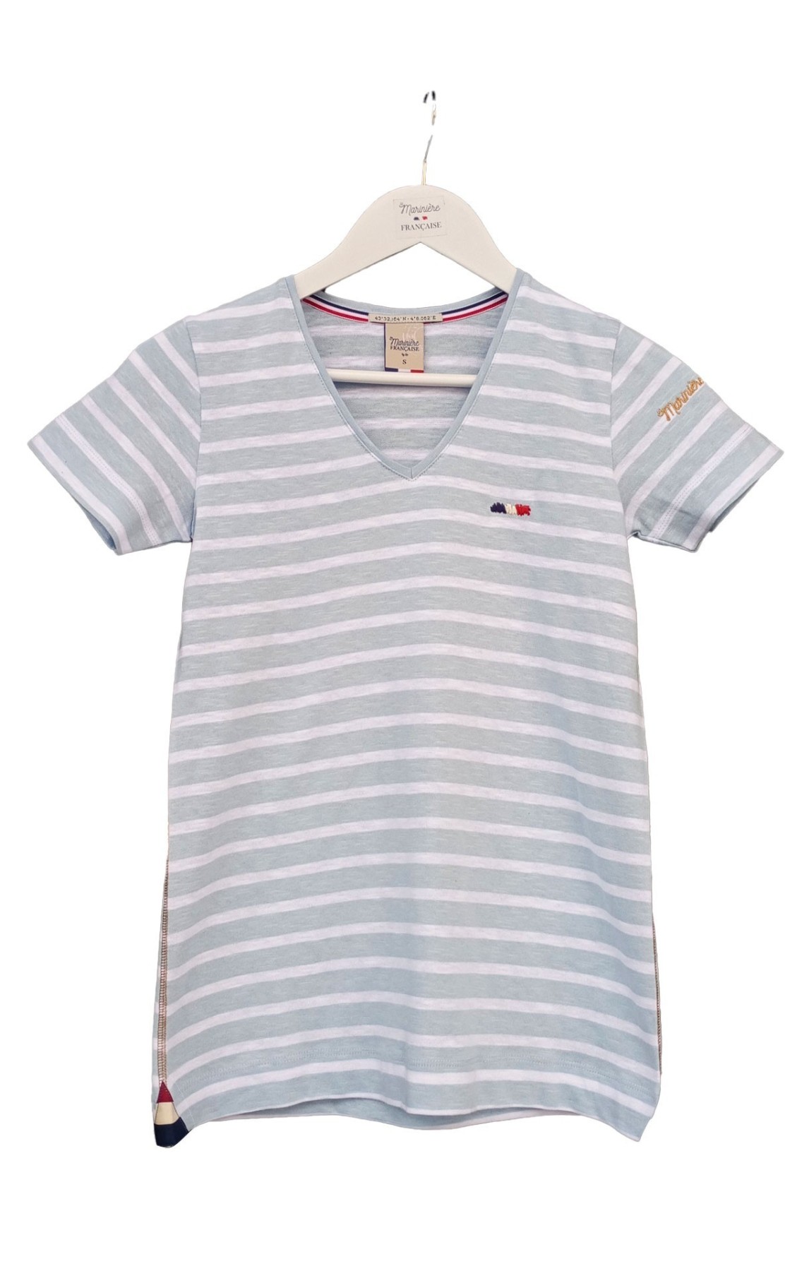 Tee-shirt col V femme AUDREY BLEU CIEL BLANC